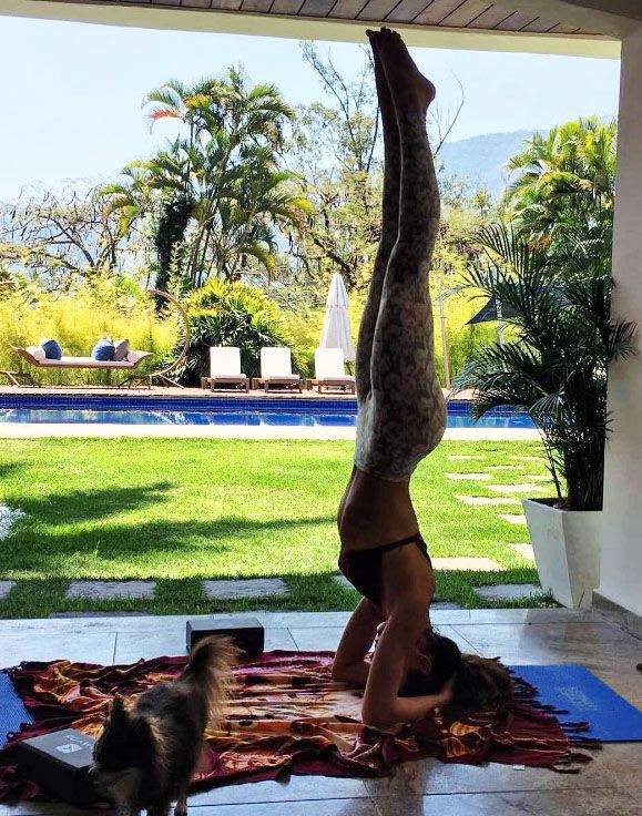 Atriz foi clicada praticando yoga ao lado de seu cachorrinho